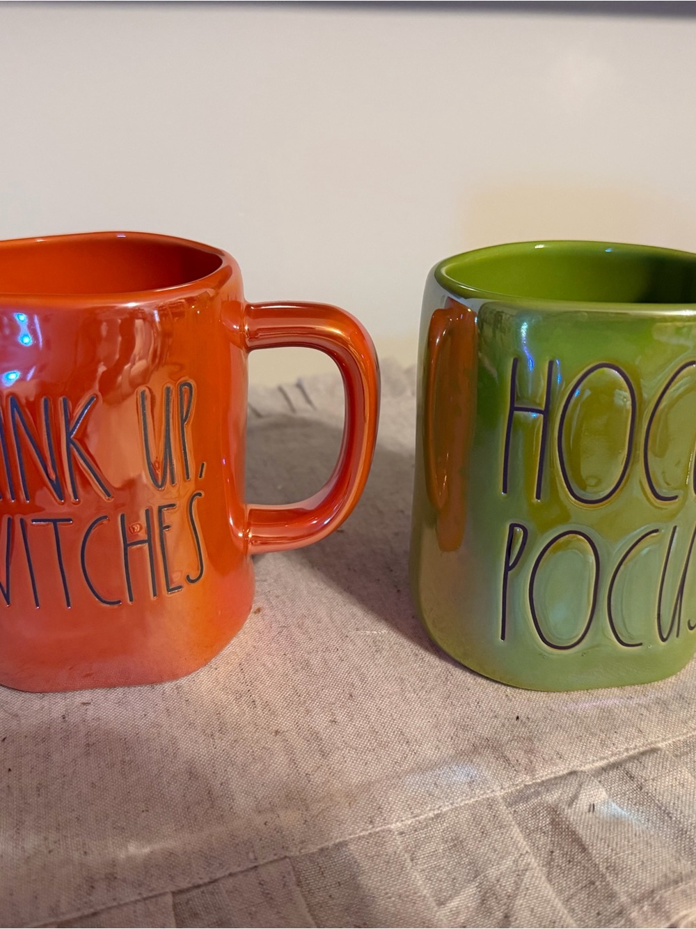 Rae Dunn Orange and Green Halloween Ceramic Coffee Mugs - Set of 2